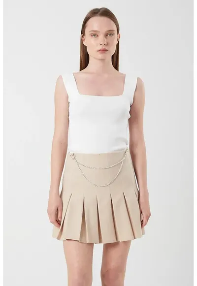 Fusta midi plisata talie inalta - bej natural - Bej Natural