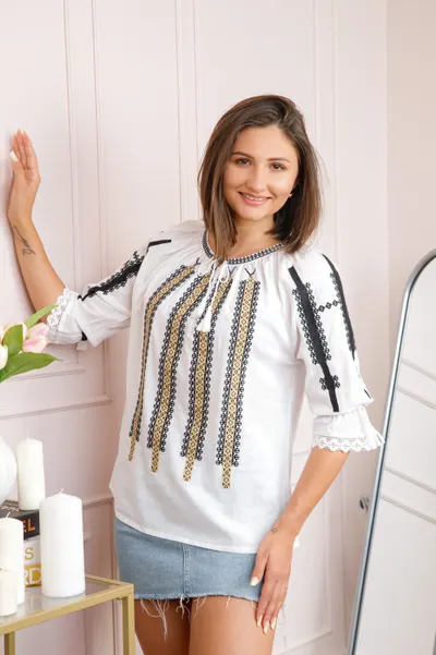 Bluza tip ie alba cu motiv geometric auriu Anita