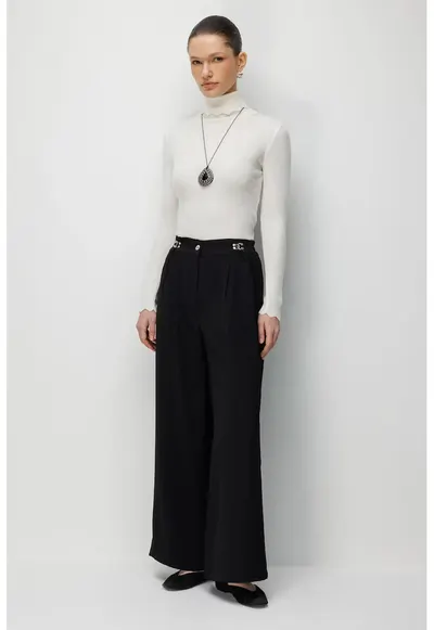 Pantaloni dama - talie inalta - croiala ampla - negru - poliester