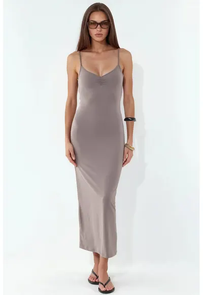 Rochie midi - furou - decolteu in V - maro - jerseu de lycra