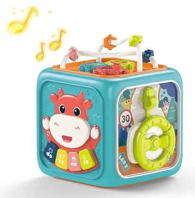 Jucărie pentru bebeluși 6 în 1 Raya Toys - Cub multifuncțional cu muzică și lumini, verde mentă