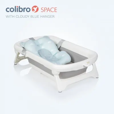 Set cadita pliabila pentru copii Colibro Space, cu pernuta si termometru integrat, dimensiune 84 x 48 cm, capacitate 40L, Cloudy Blue