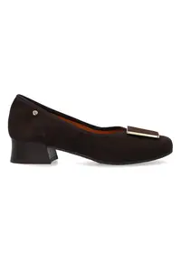 Pantofi din piele intoarsa cu toc mic si ornament metalic