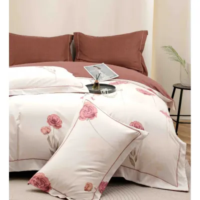 Lenjerie pat dublu, FINET DeLuxe, 6 piese, cu ELASTIC, Jojo Home, Cutie Eleganta, Roz, Maroniu, Flori
