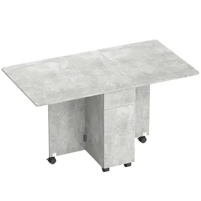 HOMCOM Masă de Luat Masa Pliabilă, Masă de Bucătărie cu Blaturi Rabatabile și Roți cu Frâne pentru 6 Persoane, Birou Compact cu 2 Sertare, 2 Uși și Dulap, pentru Living, 140x76x74î cm, Gri Ciment | Aosom Romania