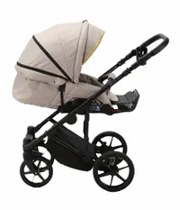 Carucior 3 in 1 Adamex Rimini Alu tip Collection Linen EcoLeather golden sand cu scaun iSize, parte sport reglabila pana la orizontala, cadru cu suspensii, landou cu suport de cap reglabil pe inaltime