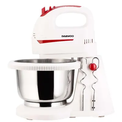 Mixer cu bol Daewoo DHM100W, 300 W, 5 viteze, capacitate bol 2 L, carlig framantare, palete amestecare, Alb/Rosu