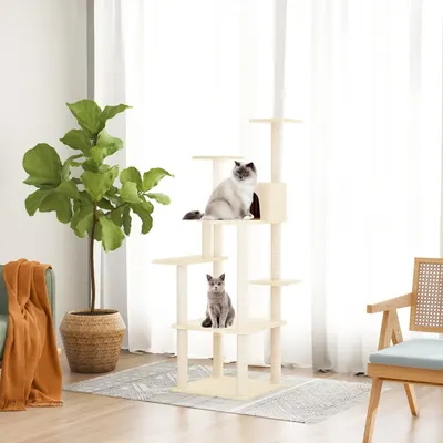 vidaXL Ansamblu de pisici cu stâlpi din funie de sisal, crem, 153 cm