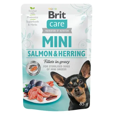 Brit Care Dog Mini Plic Sterilised, File de somon si hering, în sos 85g 85g