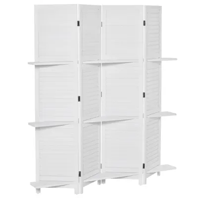 HOMCOM Paravent interior 4 Panouri 160L x 170H cm 3 rafturi Pliabile separator de cameră Uși pliante Lemn de Paulownia Alb | Aosom Romania