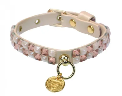 Ham chic din piele ecologica, bej, cu banda de cristale stralucitoare, circumferinta piept 31-35 cm x circumferinta gat 26 cm