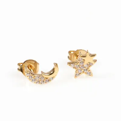 Cercei placati cu aur 14K cu luna si stea decorate cu zirconii