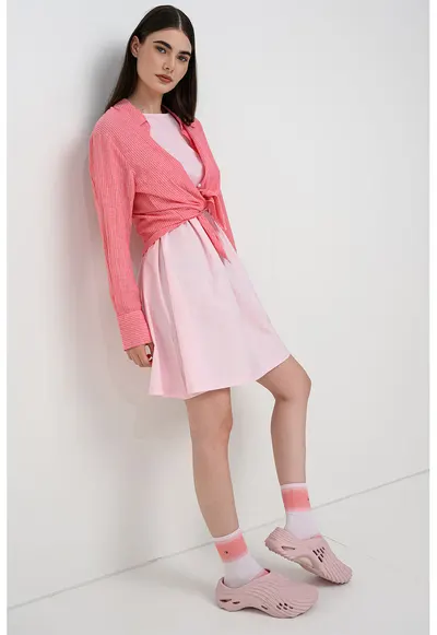 Rochie mini din amestec de bumbac organic - Roz deschis