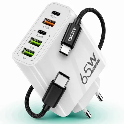 Incarcator Retea, 65W, 5 Porturi, 3 x USB, 2 x Type-C, Alb - Default Title