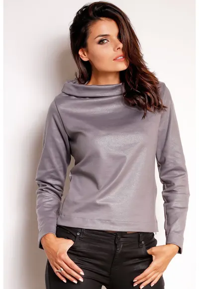 Bluza casual cu guler inalt si maneci lungi din tricot lucios - - Gri