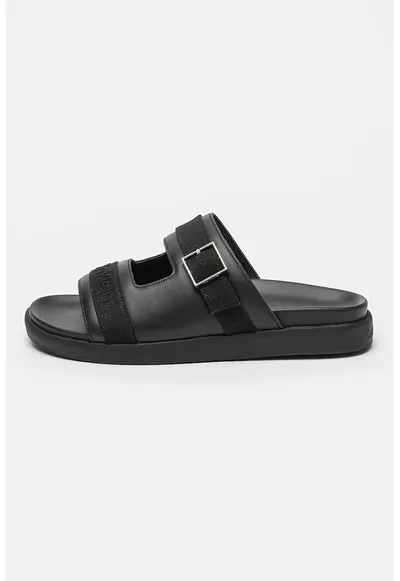 Papuci din piele cu model cu catarama - Negru