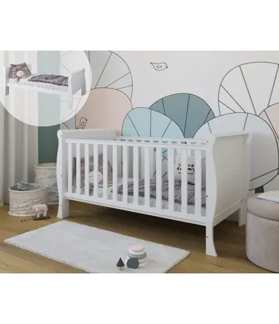 Patut evolutiv Scarlet 2 in 1 pat bebe si pat prescolar, cu somiera reglabila si protectii pentru dentitie 140 x 70 cm