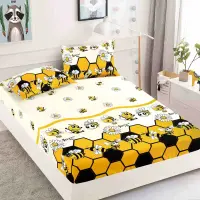 Cearsaf cu elastic, Bumbac FINET, 160/180x200cm, 2 fete de perne 50x70cm, Jojo Home, Galben, flori, albinute