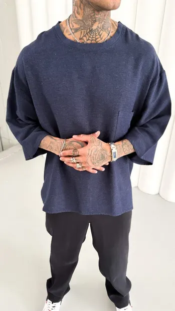 Tricou Oversize din in Navy-Blue Tsmh19(m25-06) (mărime: S)