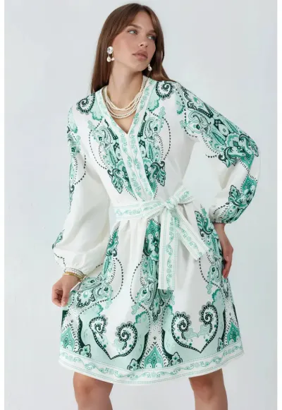 Rochie mini - verde - casual - maneca lunga - decolteu in V - 70% poliester - 25% bumbac - 5% lycra