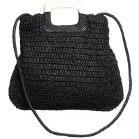 Geanta impletita crossbody, cu manere late din lemn, neagra