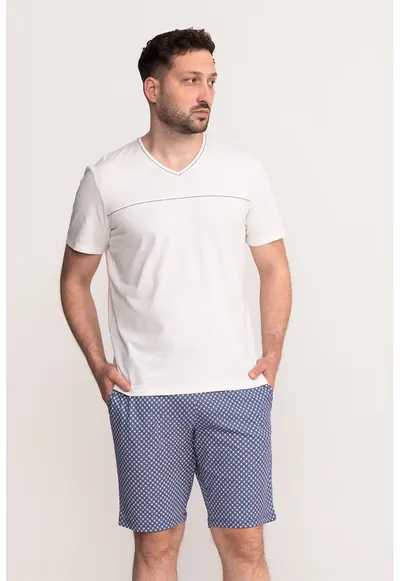 Pijama cu decolteu in V si pantaloni scurti Noris - Alb murdar/Albastru