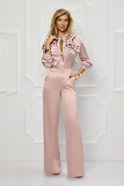 Pantaloni roz din tafta cu talie inalta elastica si centura detasabila