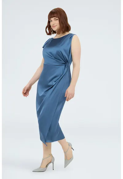 Rochie din satin cu maneci detasabile - Albastru