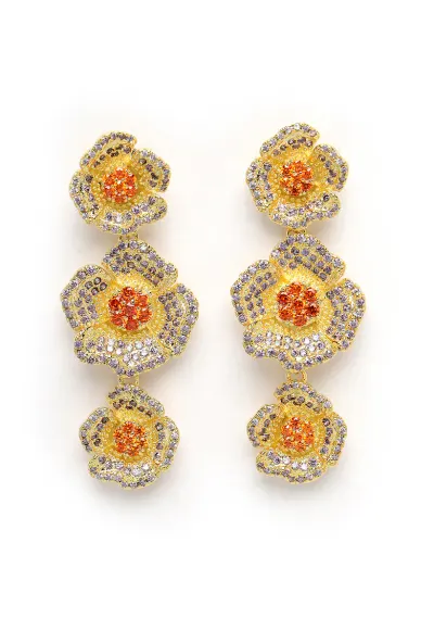 Cercei drop cu design floral - Auriu/Lila