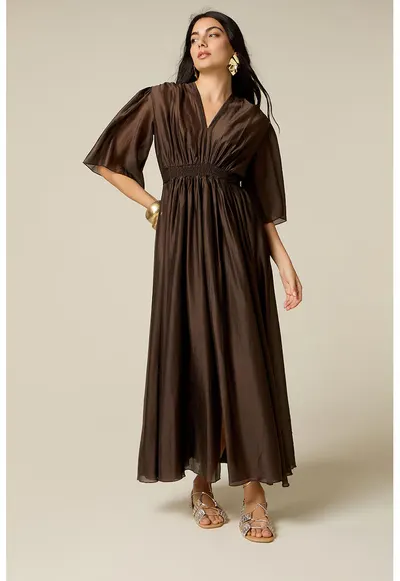 Rochie din amestec de lyocell cu maneci 3/4 - Maro inchis