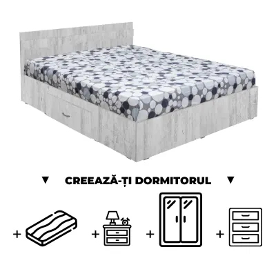 Creeaza-ti Dormitorul ALMA, pin antichizat, de la Pat cu sertar Alma 140x200 cm, adauga Saltea, Noptiere, Comoda, Dulap