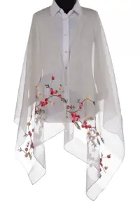 Esarfa din matase alb unt, cu broderie flori pe fond transparent de organza