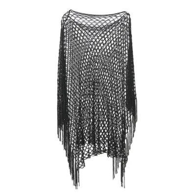 Poncho negru tip plasa cu franjuri lungi