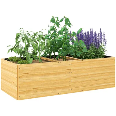 Outsunny Strat de Grădină Înălțat și Adânc cu 3 Zone de Creștere și Strat de Protecție, 140x60x40 cm, Lemn Natural | Aosom Romania