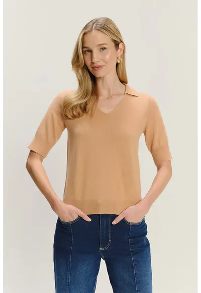 Pulover din amestec de lana cu maneci scurte - Maro camel