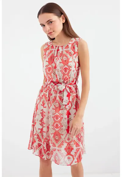 Rochie mini dama HiCCUP - decolteu rotund - poliester - alb/rosu