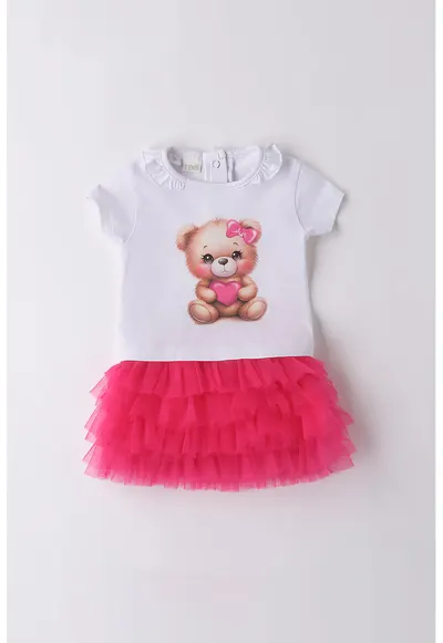 Set de tricou si fusta cu tul - 2 piese - Rosu/Alb optic/Maro camel