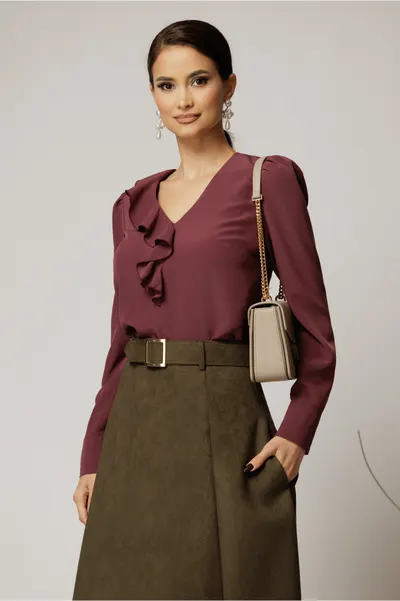 Bluza DY Fashion magenta din voal plin cu decolteu in V si volanas