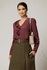 Bluza DY Fashion magenta din voal plin cu decolteu in V si volanas