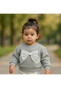 Bluza groasa cu maneca lunga si fundita din tull - - Little Ballerina - Gri Melanje - pentru fetite - Gri