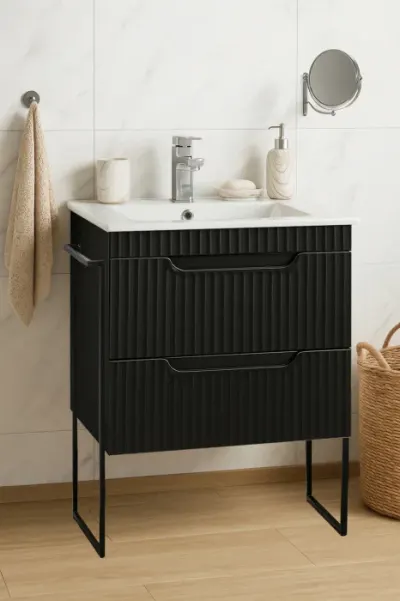 Set Baza front MDF si Lavoar seria 033, cadru metalic, sertare, montata, 60 cm, negru