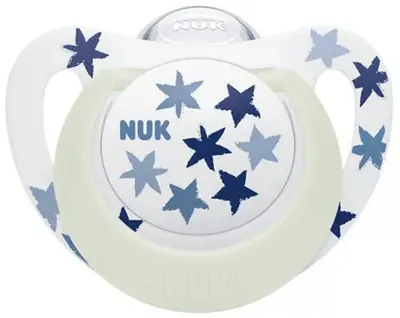 Suzetă luminoasă din silicon NUK - Star Night, 18 luni+, albastră