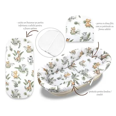 Set pentru landou/cosulet, Qmini, Cu protectie, saltea si pernuta, Din bumbac certificat Oeko Tex Standard 100, Safari