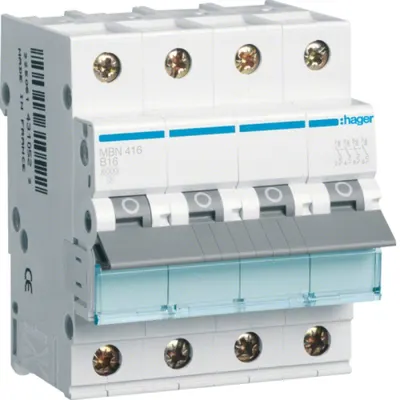 Siguranta automata 4P, 16A, 6kA, curba B, Hager MBN416