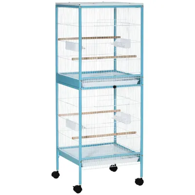 PawHut Colivie pentru Păsări, Volieră cu 4 Roți Pivotante, Tăvi Detașabile și Recipiente din Plastic, 51,5x50x140 cm, Albastru | Aosom Romania
