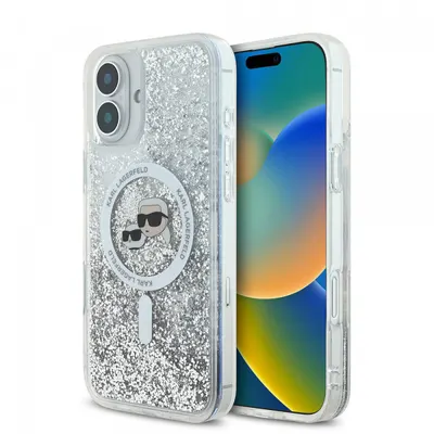 Husa MagSafe pentru Apple iPhone 16, Karl Lagerfeld, Glitter Liquid Karl & Choupette' s Heads, Transparenta