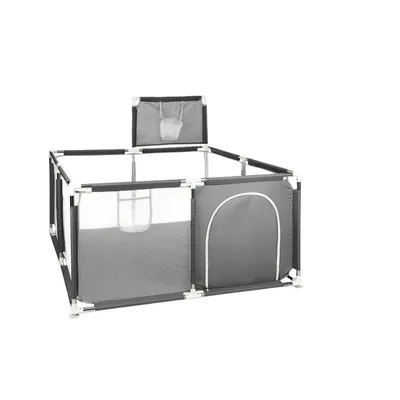 Tarc de joaca copii, Primabobo, 126 x 126 cm, Pliere compacta, Include cos de baschet, Din plasa, Cu intrare laterale si fermoar, Cu ventuze pentru stabilitate, Gri
