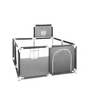 Tarc de joaca copii, Primabobo, 126 x 126 cm, Pliere compacta, Include cos de baschet, Din plasa, Cu intrare laterale si fermoar, Cu ventuze pentru stabilitate, Gri