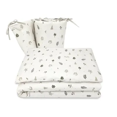 Lenjerie patut 3 piese, MimiNu, Pentru patut 120x60 cm, Cu protectie laterala, Din bumbac certificat Oeko Tex Standard 100, Leaves