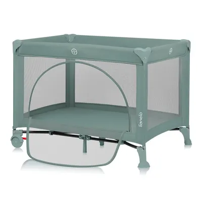 Patut pliabil, Lionelo, Laura, 102 x 74 cm, Cu doua nivele, Functie de tarc, Cu roti, Include salteluta si geanta de transport, Pereti din plasa, Deschidere laterala, Pana la 15 kg, 0 luni +, Verde